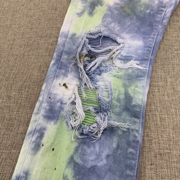 Unique Mens Embellish Tie Dye Jeans Distressed Ripped 30 Cotton Spandex Blue - Picture 8 of 16